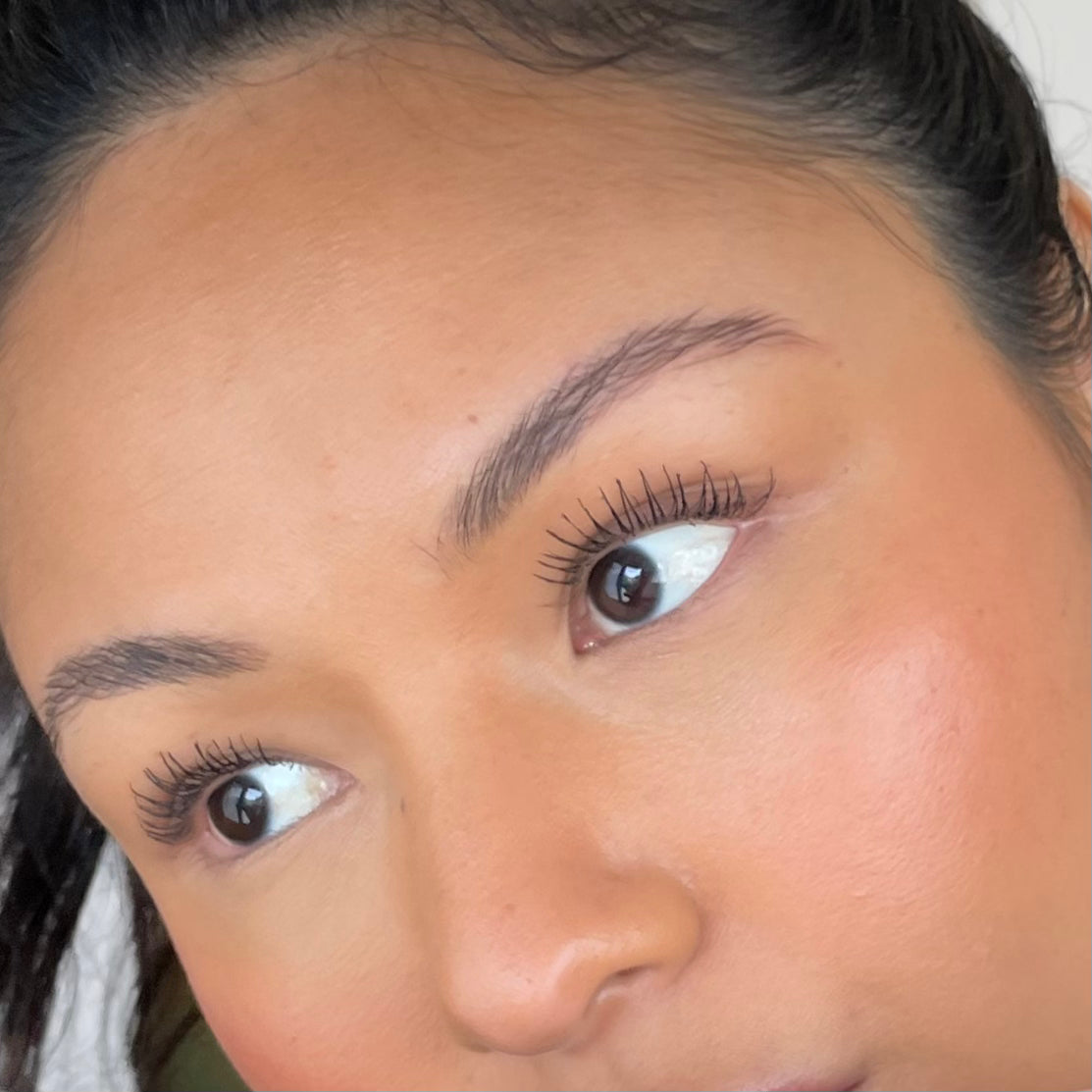 Close-up of lengthened, defined lashes wearing KIMKO smudge-proof tubing mascara